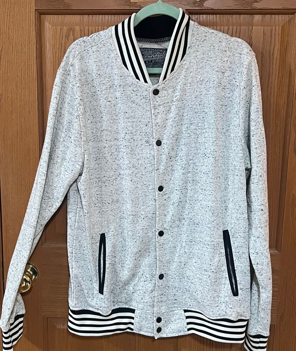 Trademark Brooklyn Cloth Varsity Jacket Gray Black Striped Bomber